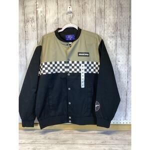Ford Mustang Racing Bomber Jacket Men's Medium Tan Black Checkered American Car